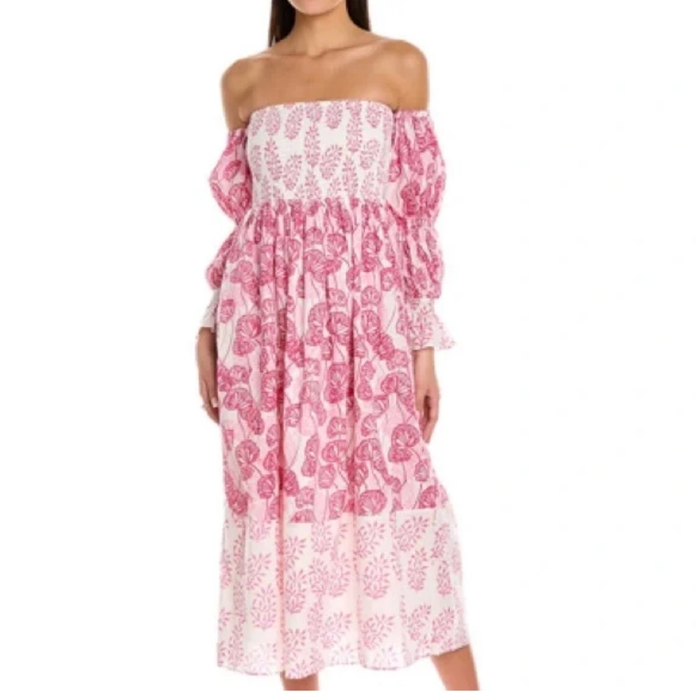 ASH & EDEN Saira Cotton Mixed Print Off the Shoulder Midi Dress Pink Size Small